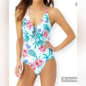 NWOT Liz Claiborne White One-Piece Swimsuit with Teal and Pink Floral Print